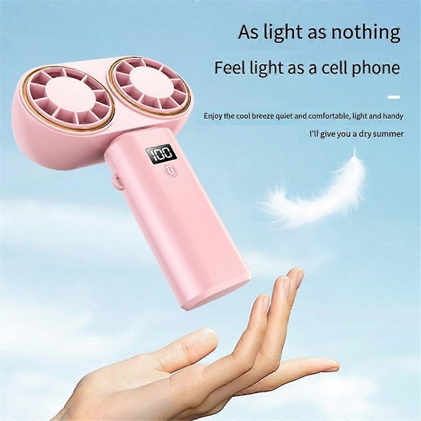 USB Uppladdningsbar Dubbel-Huvud Fläkt 2400mAh Handhållen Fläkt Hängande Halsfläkt Hopfällbar Skrivbordsfläkt med Digital Display, Rosa