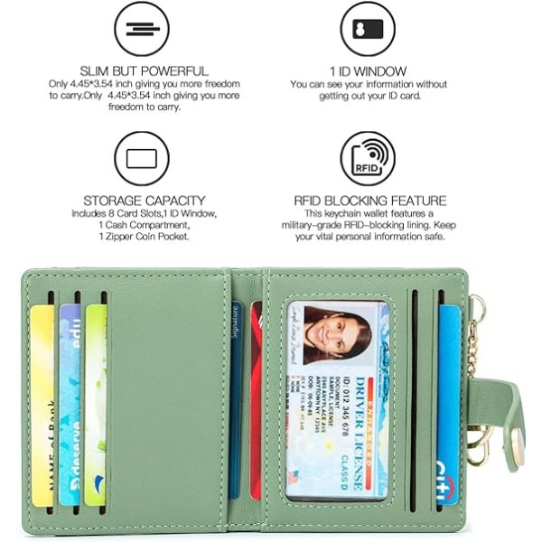 Kvinnors smala plånbok RFID-blockerande bifold-korthållare med blixtlåsförsedd myntficka ID-fönster och nyckelring green
