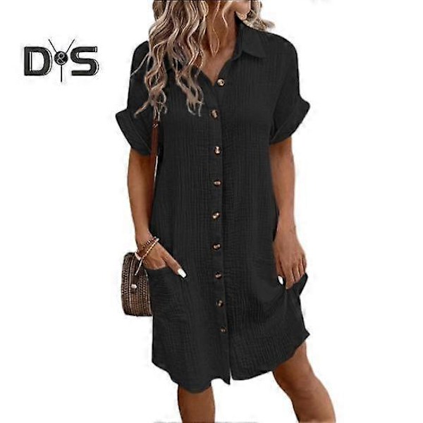Sommer Kjole til Kvinder Nedfaldskrave Enkeltknappet Løs Kortærmet Ensfarvet Patch Lomme Knælang Pendler Fritid Midi Kjole black XL