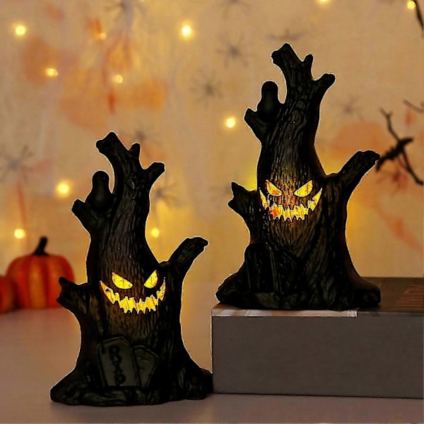 Halloween-kummituspuun kanto LED-valolla, puun kasvot valaisevat LED-kummituspuun kanto paristoilla Halloween-juhliin 2 Pcs