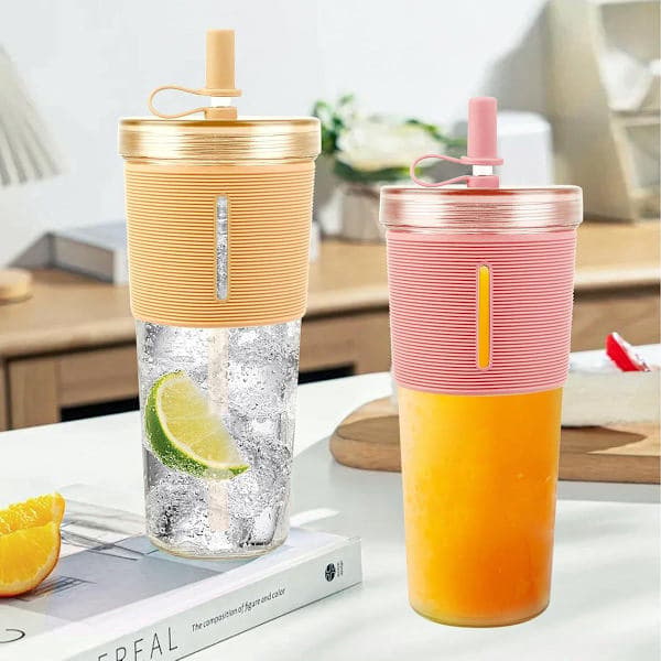 Dricksglas med lock och sugrör, dubbelväggigt, isolerade plastglas, återanvändbar mugg, för smoothies, bubbelte, iskaffe, 2-pack