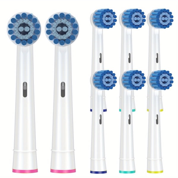 8-pak med følsomme tandkødsplejebørstehoveder, der er kompatible med Oral B Braun elektrisk tandbørste. Blød børste til overlegen og skånsom rengøring 8cs/Pack 8cs/Pack
