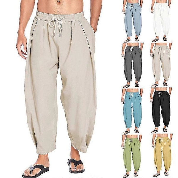 Herr Bomull Linne Haremsbyxor Dragsko Lediga Croppade Byxor Lätta Lösa Yoga Strandbyxor Med Fickor S Khaki