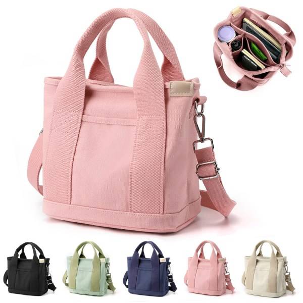 Multi-lommet Tote Bag med lynlås, Canvas Japansk Håndlavet Håndtaske med rum, Multifunktionel Skuldertaske Pink