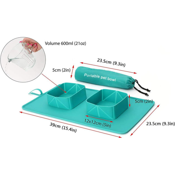 Bærbar vannskål for kjæledyr - sammenleggbar vannskål i silikon, sklisikker dobbelskål for hund og katt, oppbevaringspose for hundebolle
