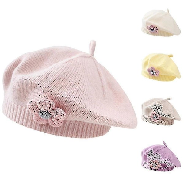 Småbarn Baby Barn Flickor Enkla Vinter Franska Baskrar Hattar Med Blomma Bonnet Hatt Stickad Ull Konstnär Målarmössa Pink