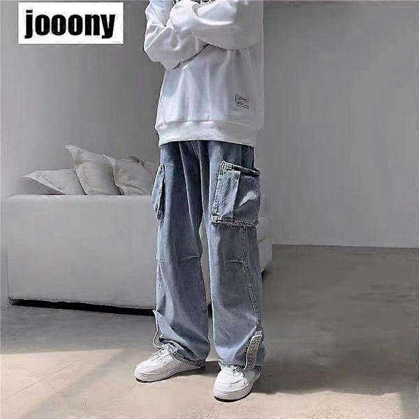 JWL-Denim Housut Miehet Farkut Denim Cargo-housut Baggy Leveälahkeiset Farkut Rento Syksy Talvi Korealainen Katumuoti Hip Hop Cowboy 075 blue gray M