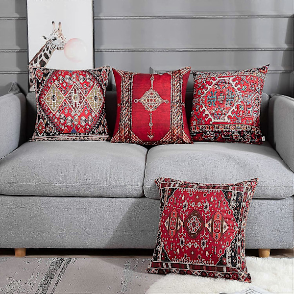 Dww- 4-delars Set Vintage Röd Blommig Turkisk Persisk Matta Linne Kuddfodral Hem Kudde Kudde Örngott Geometrisk Persisk Kelim Heminredning 4 Delar