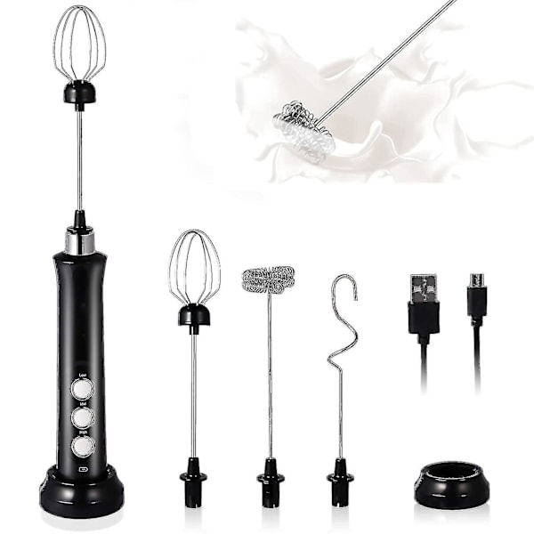 Melkeskummer Håndholdt, 3-trinns USB Oppladbar Elektrisk Visp, Mini Skummaker, Med 3 Rustfrie Visper Perfekt For Bulletproof Kaffe, Lattes, Cappuccino black