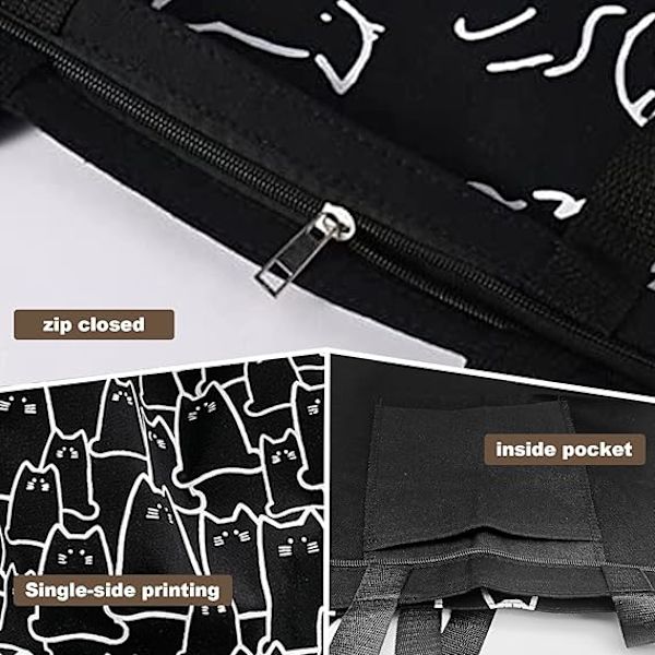 Katt Canvas Tote Bag, tote bag med dragkedja, canvasväska, bomull återanvändbar shoppingväska med ficka, söta katt tote strandväskor estetiska