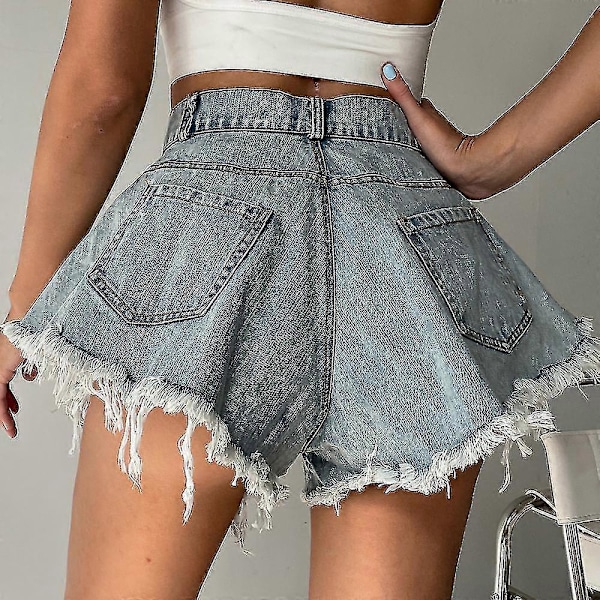 Denim Shorts Flåede Høj Talje Løse Høj Kvalitet Tassel Jeans L