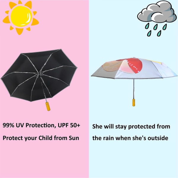 Barnhopfällbart paraply Automatiskt kompakt reseparaply för regn och sol UV-skydd för flickor och pojkar 8-15 år