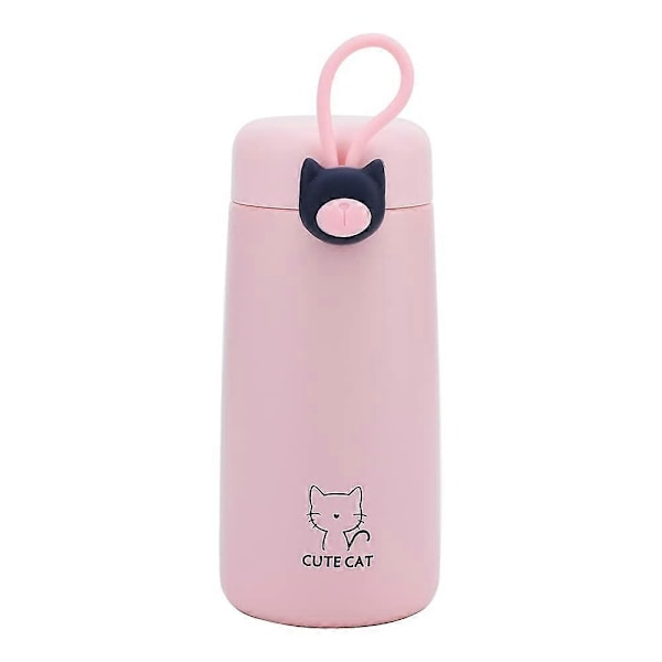 Katt Isolerad Vattenflaska, 27 cl Rosa Dryckesflaskor Söta Termosar i Rostfritt Stål för Barn Flickor, Mini Tecknad Vattenflaska, Läcksäker Vakuum Resemugg