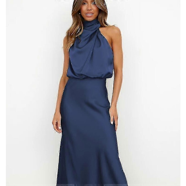 Sommerkjole i sateng for kvinner, uten ermer, plissert og lang Navy blue XL