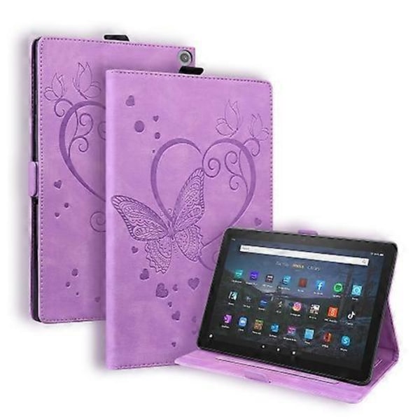 Horisontal lærveske med holder for Amazon Fire HD 10 Plus 2021 / HD 10 2021, kjærlighetsfylt sommerfuglmønster Purple