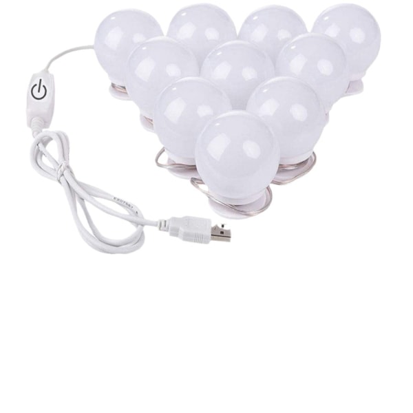 Spejllyssæt, LED-smykke-sminkelys 10 pærer, der kan dæmpes USB-stik på spejl til omklædningsrum, badeværelse, soveværelse