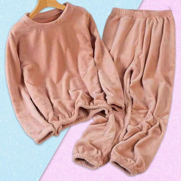 Tykt Varmt Dame Pyjamassæt Ensfarvet Pullover Rund Hals Pyjamas Til Pige Kvinde Kæreste Mor Peach 2XL