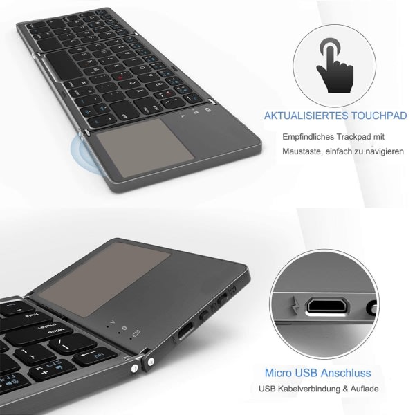 Tri-Fold Bluetooth-tastatur, Bluetooth Bærbar Mini Trådløst Tastatur med Touchpad Mus - Svart