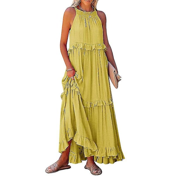 Halterneck Ärmlös A-linje Klänning för Dam, Casual Lång Strandklänning Yellow M