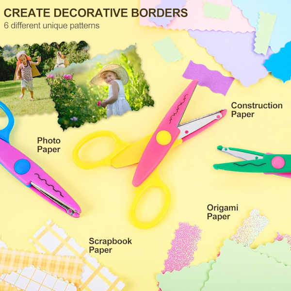 6-delad färgglad dekorativ papperskantsaxuppsättning, perfekt för lärare, hantverk, scrapbooking, barnens design