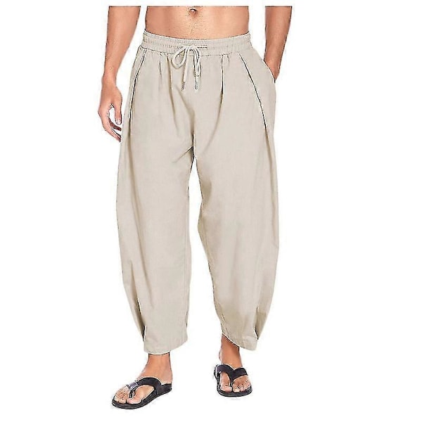Herr Bomull Linne Haremsbyxor Dragsko Lediga Croppade Byxor Lätta Lösa Yoga Strandbyxor Med Fickor XXXL Khaki