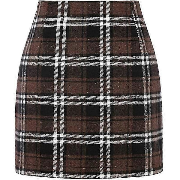 NYTT Dame Høy Midje Rutete Skjørt, Bodycon Blyant Ull Mini Skjørt Brown 2XL