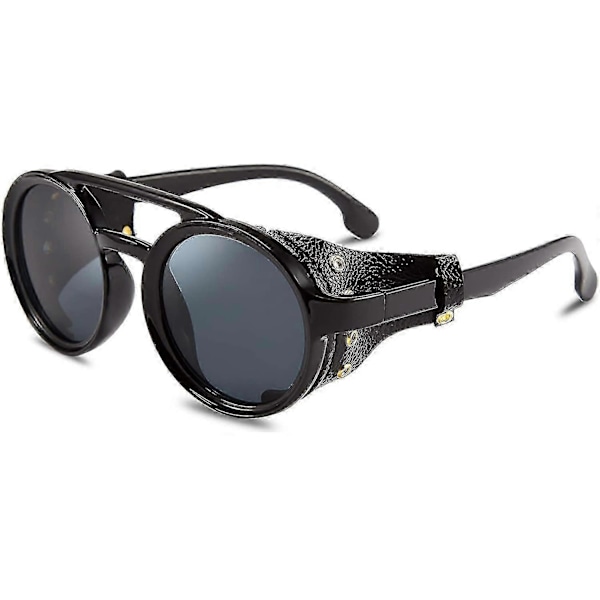 Retro Pyöreät Steampunk Aurinkolasit Naiset Miehet Vintage Silmälasit Kevyt Muovikehys Nahkasisustuksella B2532 Black