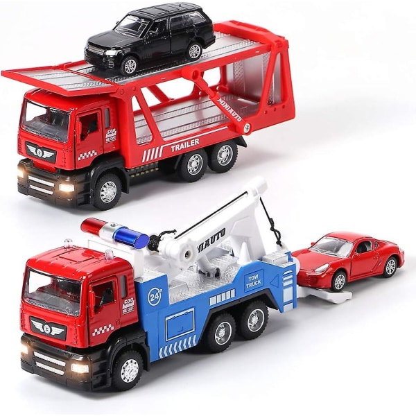 4 stk trækvogn med minilegetøjsbiler sæt biler med lys og lyd Trailer Transporter Køretøjer Lastbil Legetøj, 1:50 skala Metal Diecast Legetøjsvogne til dreng