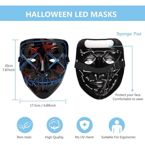 Halloween-naamarit, LED-puhdistusnaamio, LISGO Light Up -naamio, pelottavat naamarit, joissa on 3 valotilaa Blue