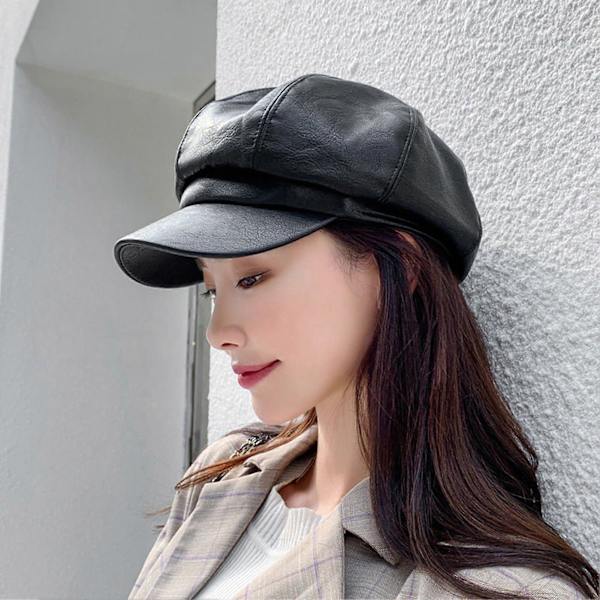 Dam Vår Sommar Basker Retro Enfärgad Konstläder Kort Skärm Dekorativt Solskydd Anti-UV Andningsbar Dam Målarhatt Unisex Åttakantig Mössa Coffee