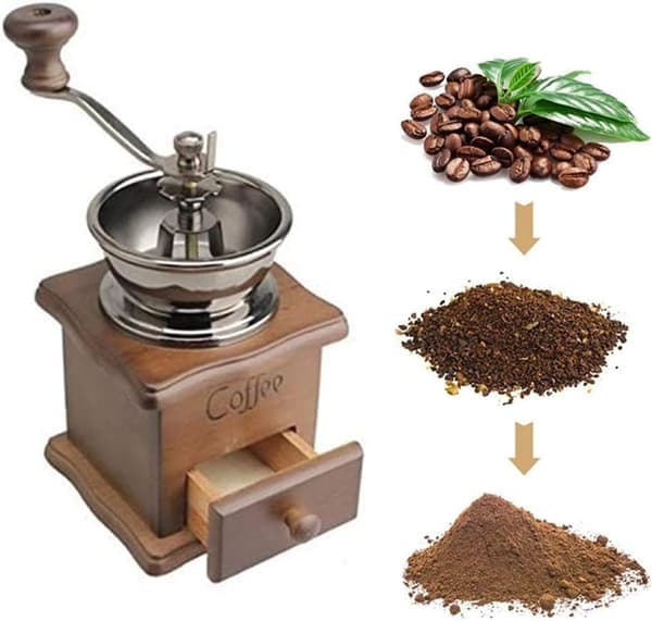 Vintage trækaffekværn med retrostil og manuelt håndsving