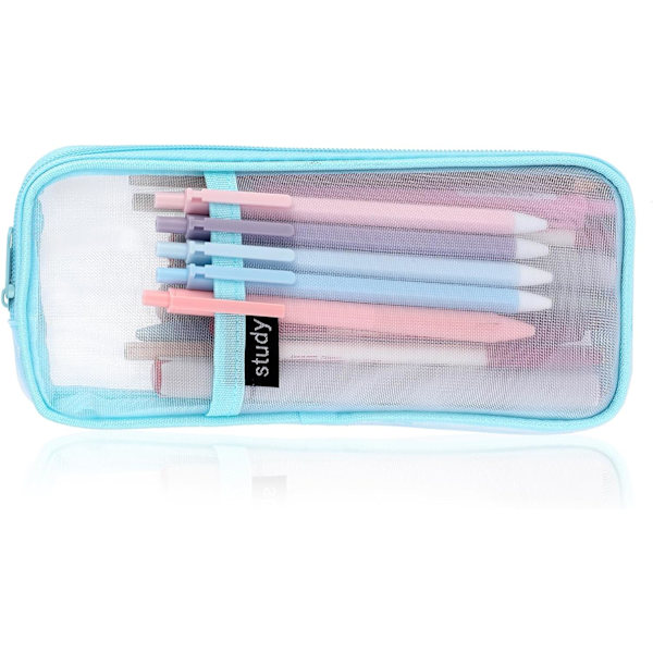 Gitternet Pencil Case Stor Kapacitet Blyantpose Transparent Makeup Pung Kosmetikpung til Studerende Skole College Kontor Blue