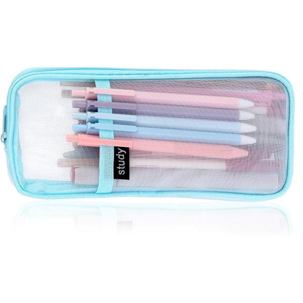 Rutnät Mesh Pennfodral Stor Kapacitet Pennväska Transparent Makeup Väska Kosmetika Väska för Student Skola Högskola Kontor Blue