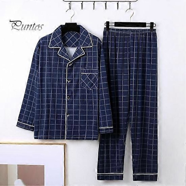 2 stk./sæt Herre Pyjamas Sæt Plaid Print Revers Langærmet Enkeltknappet Skjorte Elastisk Talje Lange Bukser Sæt Løs Pasform Loungewear Sæt dark blue XXL