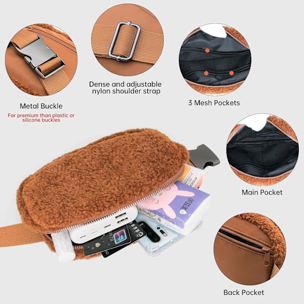 Fleece Bum Bag Fanny Pack, Justerbar Rem, Crossbody Brysttaske til Fitness, Løb, Rejser, Vandreture, Brun