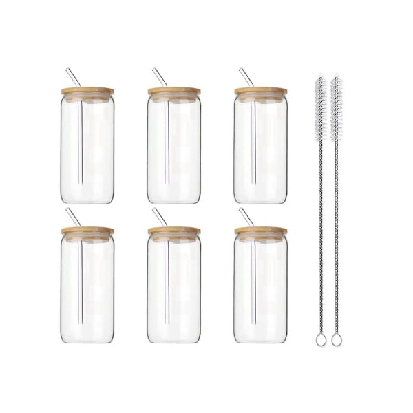 6pcs 16oz Glass Cups With Lids And Straws Clear Glass Cups For Coffee, Beer, Tea, Wine Glasses Beverage Utensils Durable