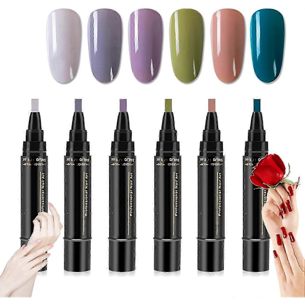 6 st nagellackspennor, 36 färger nagellack gelpenna 5ml, 3 i 1 gel nagellackspenna, blötläggning UV LED nagellack nagelverktyg för kvinnor E
