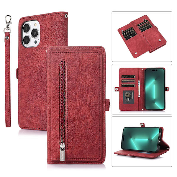 Multi Kort Mobiltelefon Læder Etui Til iPhone 15 Pro Max Red