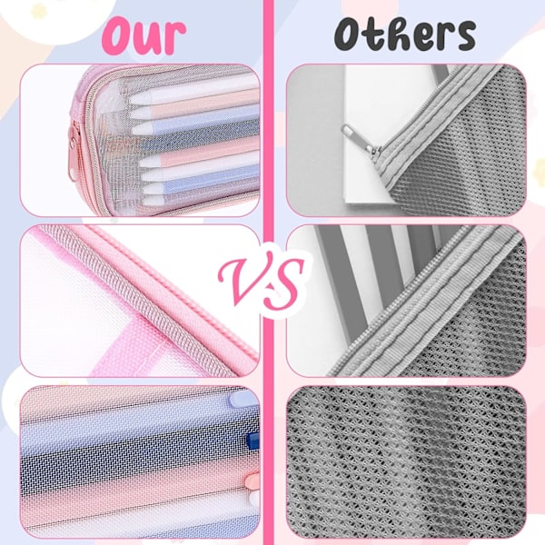 Gitternet Pencil Case Stor Kapacitet Blyantpose Transparent Makeup Pung Kosmetikpung til Studerende Skole College Kontor Pink