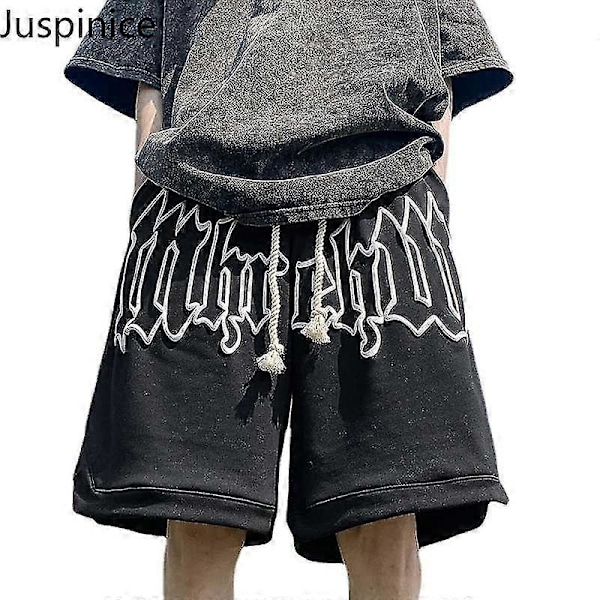 Juspinice Sommar Herrshorts Bokstavstryck Koreansk Mode Lös High Street Ins Vardagsbyxor Hip Hop Halvbyxa 2023 Y2k Kläder brown M