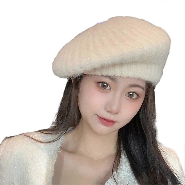 Beret Hat Efterår Vinter Kanin Plys Knittet Åndbar Stilfuld All-match Ensfarvet Elastisk Malerhat Beige One Size