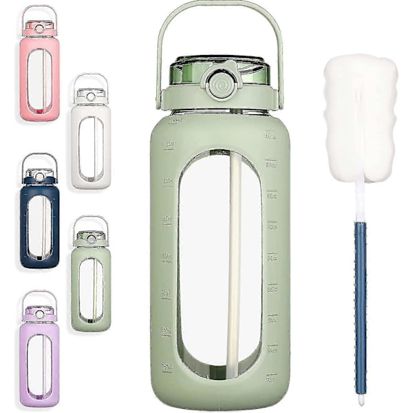 Bluego 64oz Glass Vannflasker Med Sugerør Tidsmarkør Halv Gallon Stor Motiverende Vannflaske Med Silikonhylse 2l Stor Glass Vannkanne