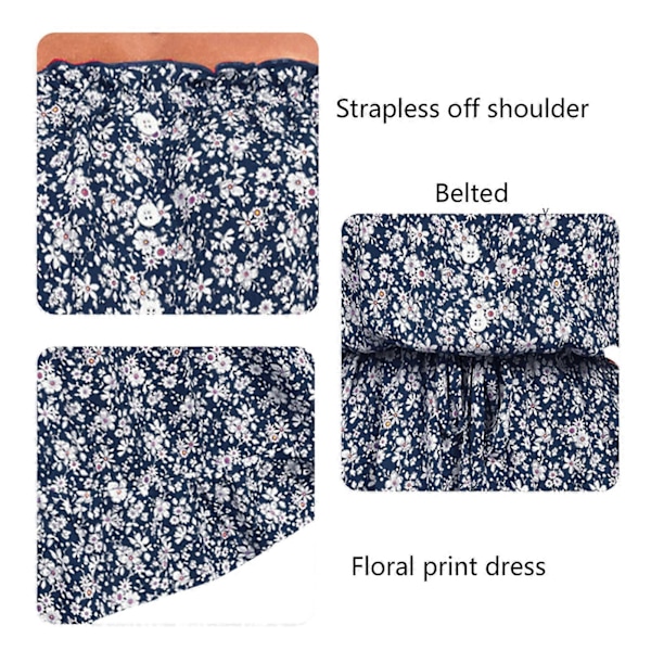 Trendig Mörkblå Axelbandslös Off Shoulder Klänning - Trendigt Blommönster Sommarkläder, L