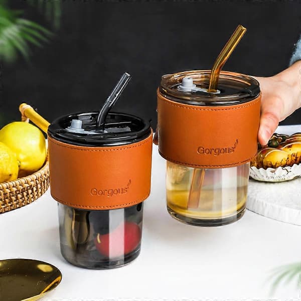 Glasmuggar med Sugrör, Resemuggar för Iskaffe, Stora Pärljuicer Amber