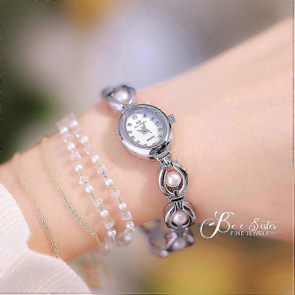 BS Bee Sister FA1685 Let Luxury Kvinder Fin Smykkeur Dame Perle Armbånd Håndledsur Til Gave Fest Skole Silver