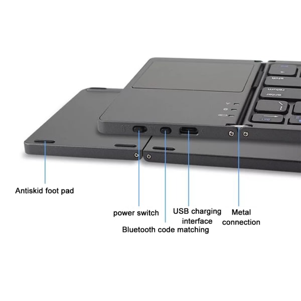 Trefällbart Bluetooth-tangentbord, Bluetooth Bärbart Mini Trådlöst Tangentbord med Touchpad Mus - Svart