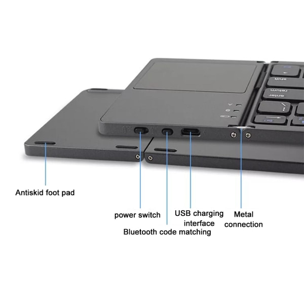 Tri-Fold Bluetooth-tastatur, Bluetooth Bærbar Mini Trådløst Tastatur med Touchpad Mus - Svart
