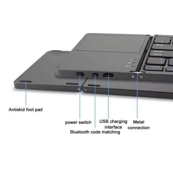 Tri-fold Bluetooth tastatur, Bluetooth bærbart mini trådløst tastatur med touchpad mus-sort