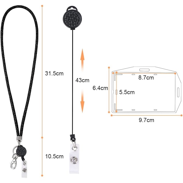 Korthållare med snöre, kristallsnöre med transparent ID-korthållare, snöre och brickhållare set, nyckelringsbrickhållare och nackrem för nycklar Black