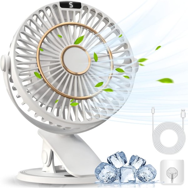 Clip-On Fan Rechargeable, Mini USB Silent Desk Fan with 5-Speed LED Display - 720° Rotating Powerful Desk Fan, 3-in-1 Portable Small Fan